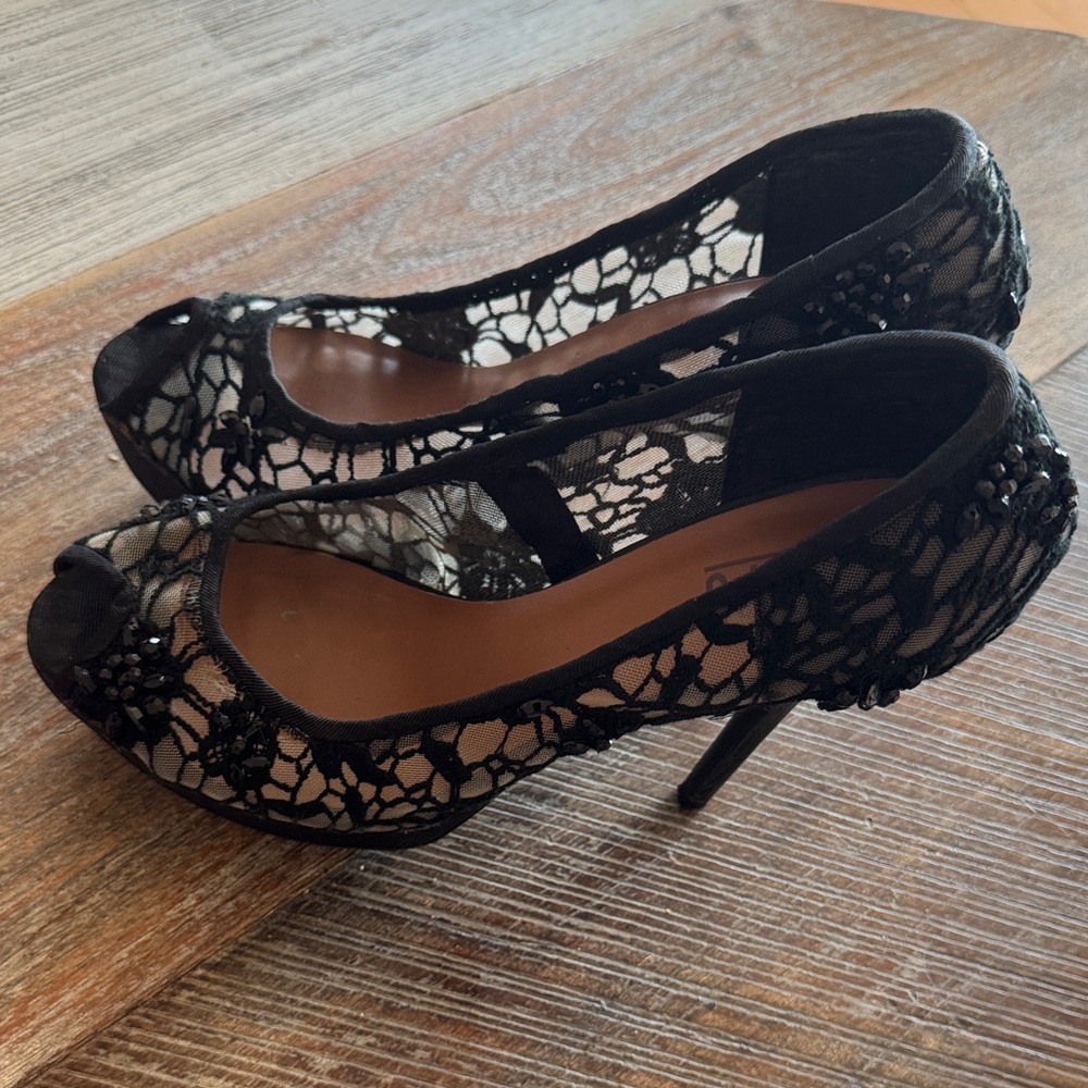Elegant Black Lace Peep-Toe Heels